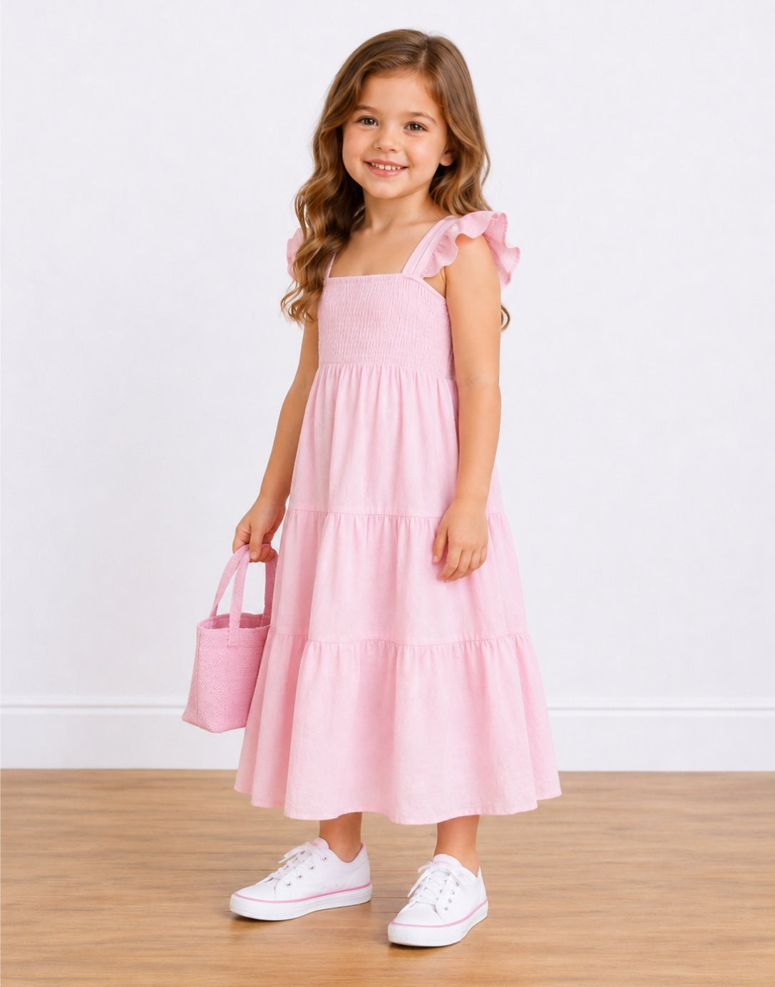Side view of young girl wearing a pink Shirred Maxi Dress holding a pink bag on a wooden floor.