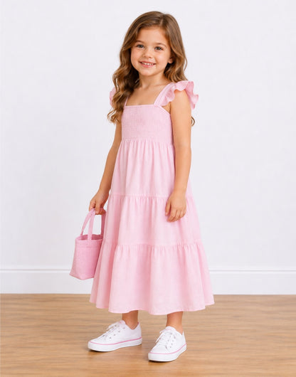 Side view of young girl wearing a pink Shirred Maxi Dress holding a pink bag on a wooden floor.