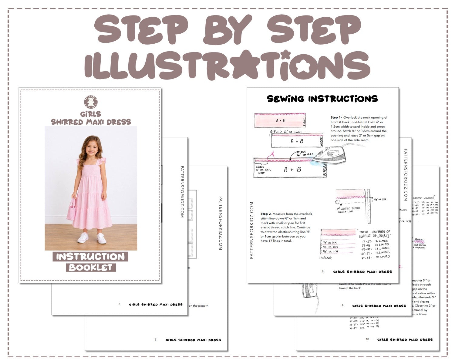 Girls Shirred Maxi Dress sewing pattern instruction booklet showing step by step illustrations to make the garment.