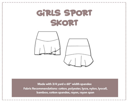Illustration and detailed description for Girls Sport Skort sewing pattern. Made with ¾ yard x 60” width spandex. Other Fabric Recommendations: cotton, polyester, lycra, nylon, lyocell, bamboo, cotton spandex, rayon, rayon span.