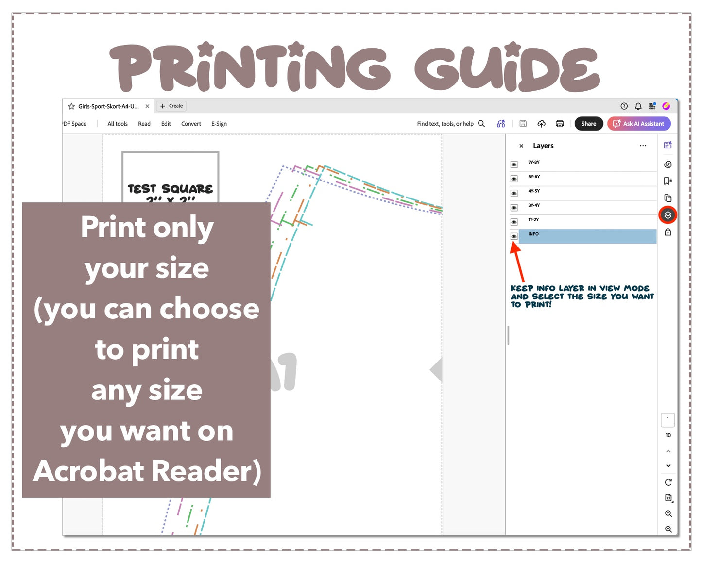 Girls Sport Skort sewing pattern printing guide.