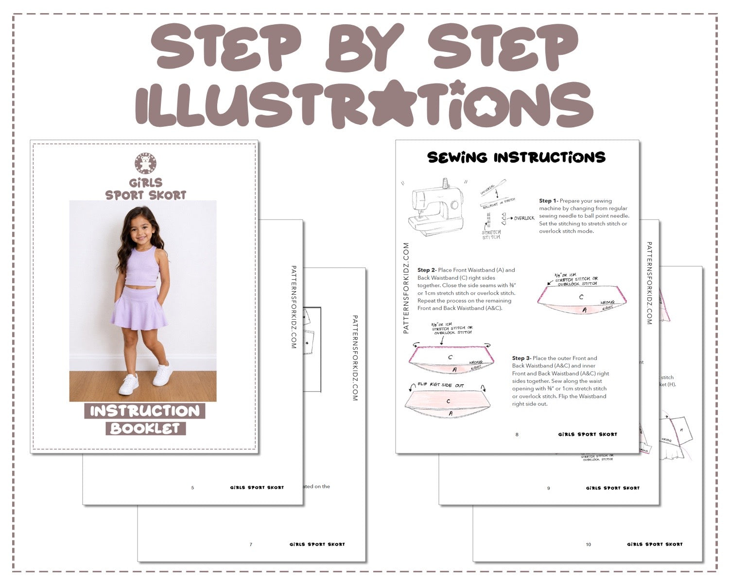 Girls Sport Skort sewing pattern instruction booklet showing step by step illustrations to make the garment.
