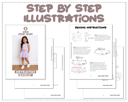 Girls Sport Skort sewing pattern instruction booklet showing step by step illustrations to make the garment.