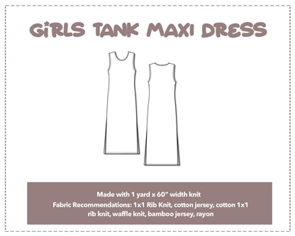 Illustration and detailed description for Girls Tank Dress sewing pattern. Made with 1 yard x 60” width knit. Other Fabric Recommendations: 1x1 Rib Knit, cotton jersey, cotton 1x1 rib knit, waffle knit, bamboo jersey, rayon.