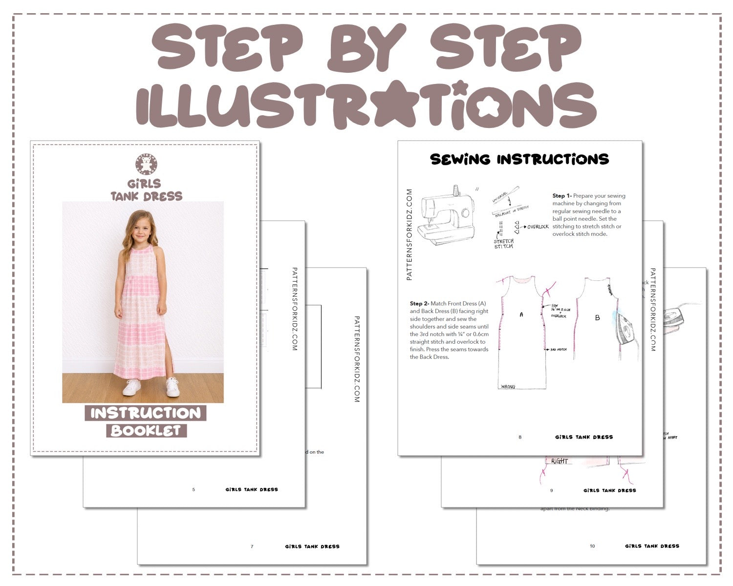 Girls Tank Dress sewing pattern instruction booklet showing step by step illustrations to make the garment.