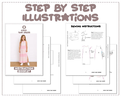 Girls Tank Dress sewing pattern instruction booklet showing step by step illustrations to make the garment.