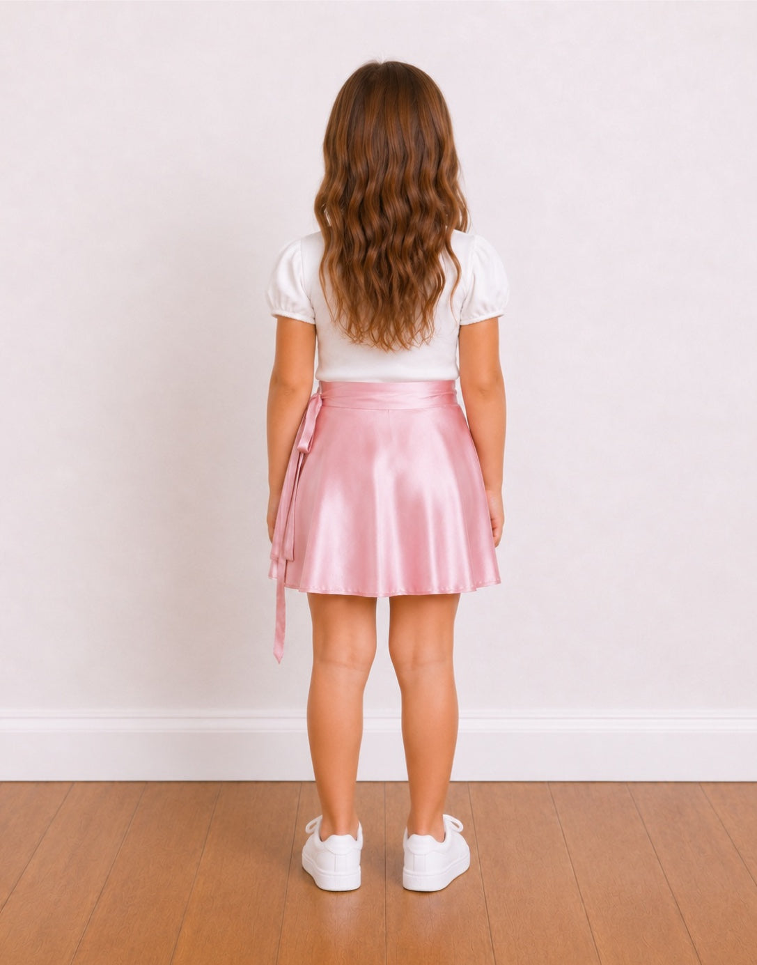 Back view of a young girl stands on a wooden floor against a white wall, wearing a white short-sleeve top and a shiny light pink satin Wrap Mini Skirt with a side tie.