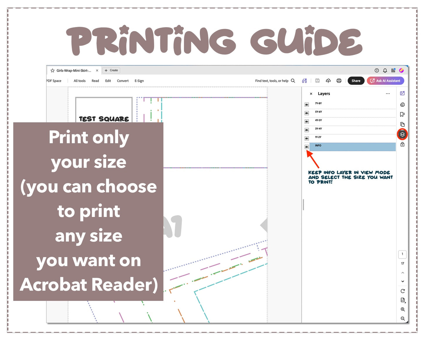 Girls Wrap Mini Skirt sewing pattern printing guide.