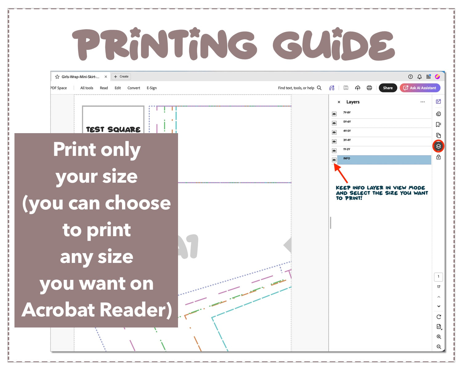 Girls Wrap Mini Skirt sewing pattern printing guide.