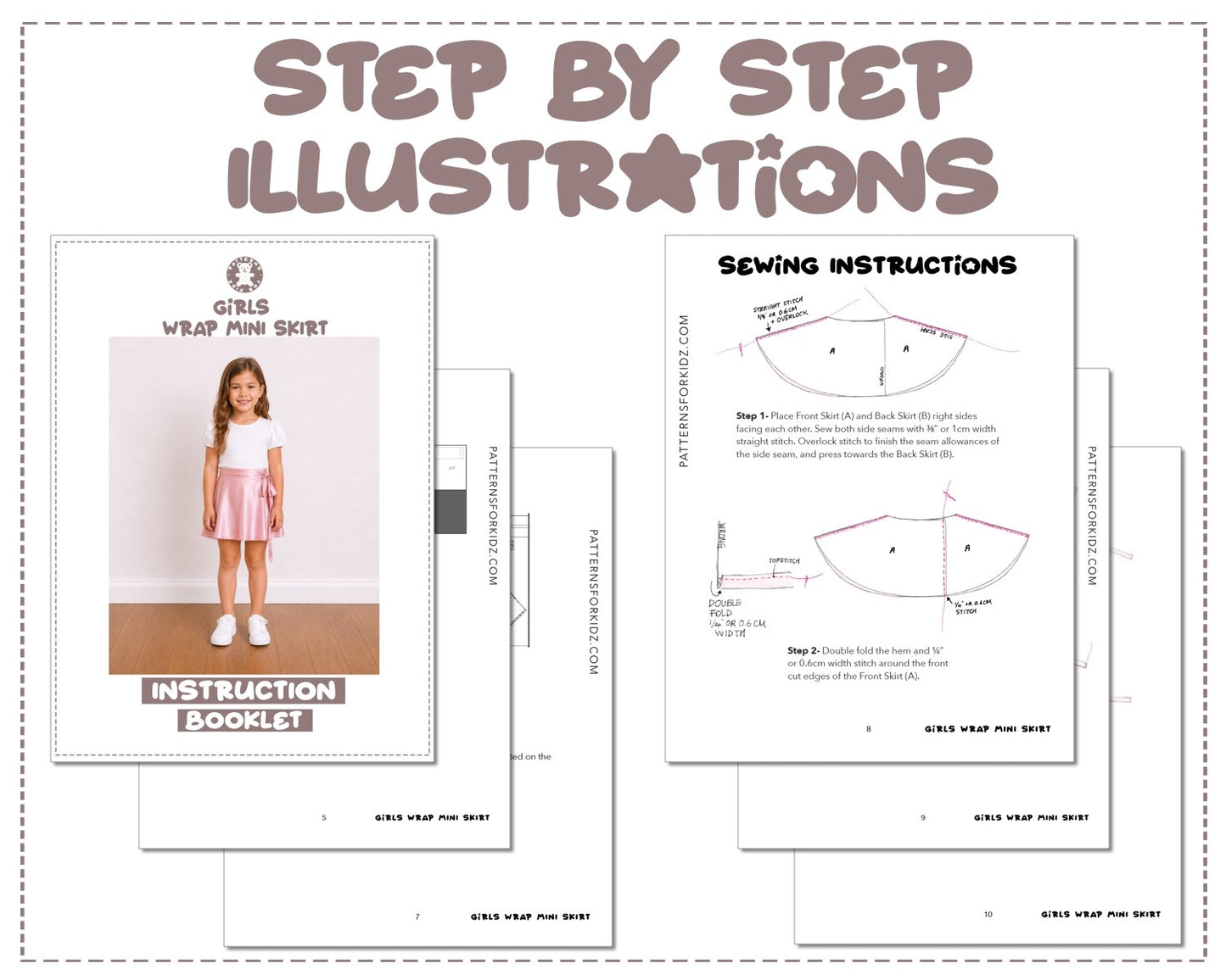 Girls Wrap Mini Skirt sewing pattern instruction booklet showing step by step illustrations to make the garment.