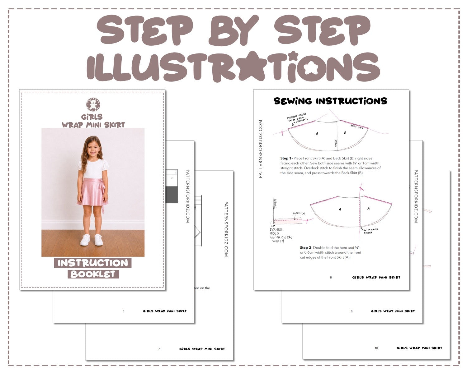 Girls Wrap Mini Skirt sewing pattern instruction booklet showing step by step illustrations to make the garment.