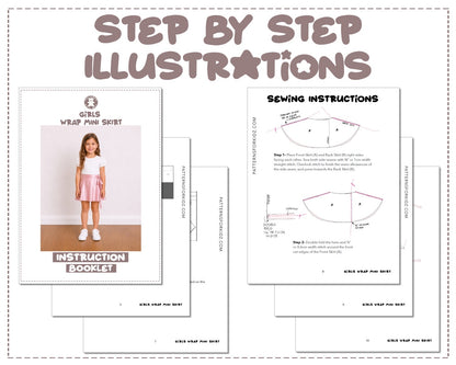 Girls Wrap Mini Skirt sewing pattern instruction booklet showing step by step illustrations to make the garment.