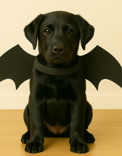 Black puppy wearing bat wings on a beige background