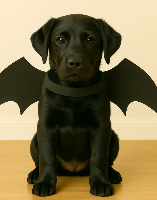 Black puppy wearing bat wings on a beige background