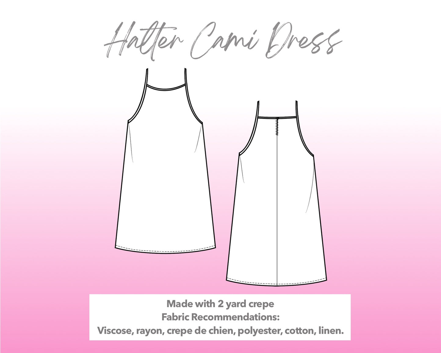 Illustration and detailed description for Halter Cami Mini Dress sewing pattern.