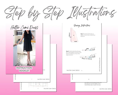 Halter Cami Mini Dress sewing pattern step by step illustrations.