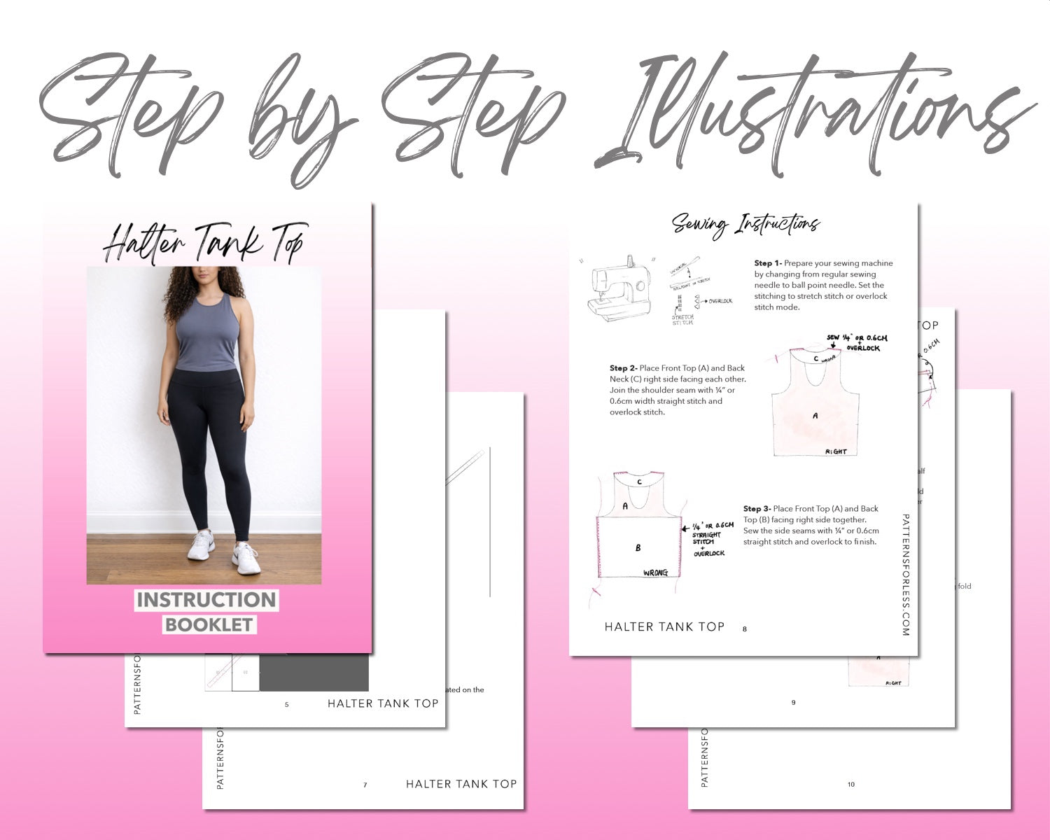 Halter Tank Top sewing pattern instruction booklet showing step by step illustrations to make the garment.