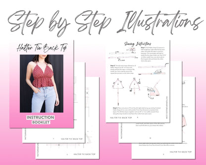 Halter Tie Back Peplum Top sewing pattern step by step illustrations.