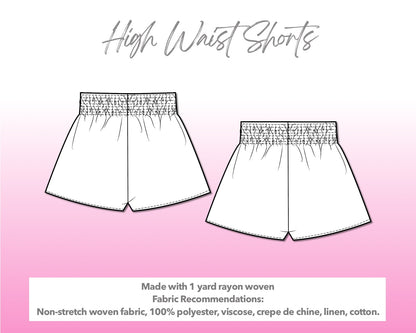 Illustration and detailed description for High Waist Shirred Shorts sewing pattern.