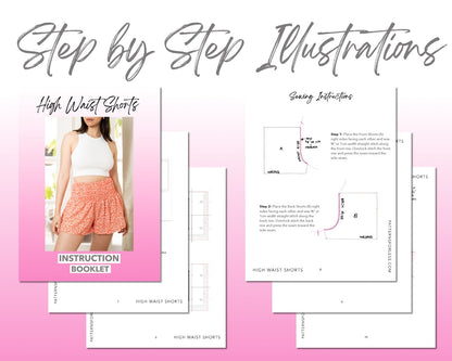 High Waist Shirred Shorts sewing pattern step by step illustrations.
