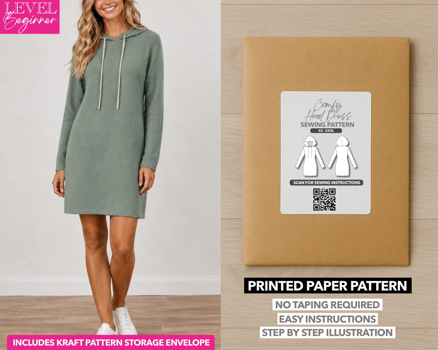 Hood Long Sleeve Knit Mini Dress printed sewing pattern with easy instructions and step by step illustrations.