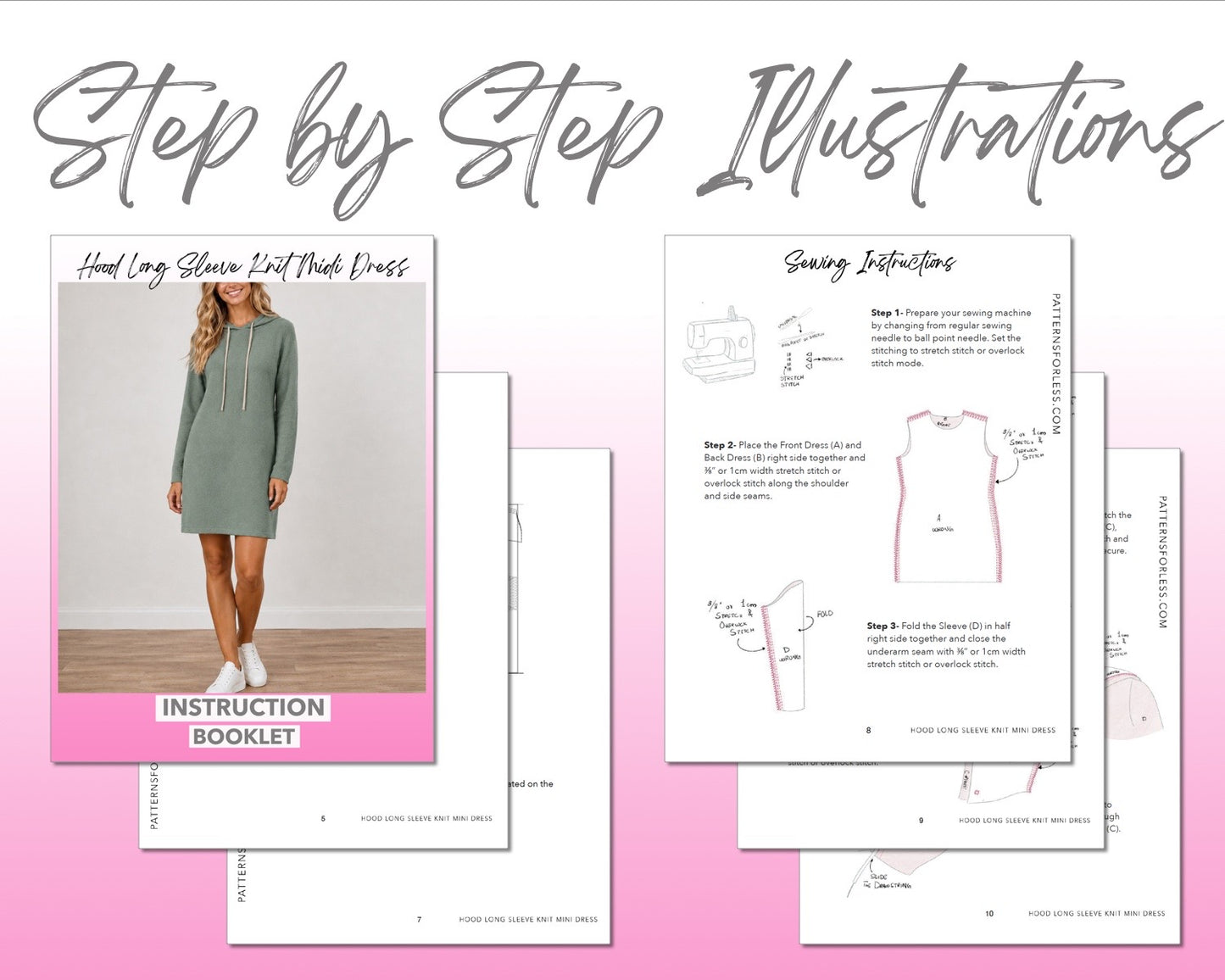 Hood Long Sleeve Knit Mini Dress sewing pattern instruction booklet showing step by step illustrations to make the garment.