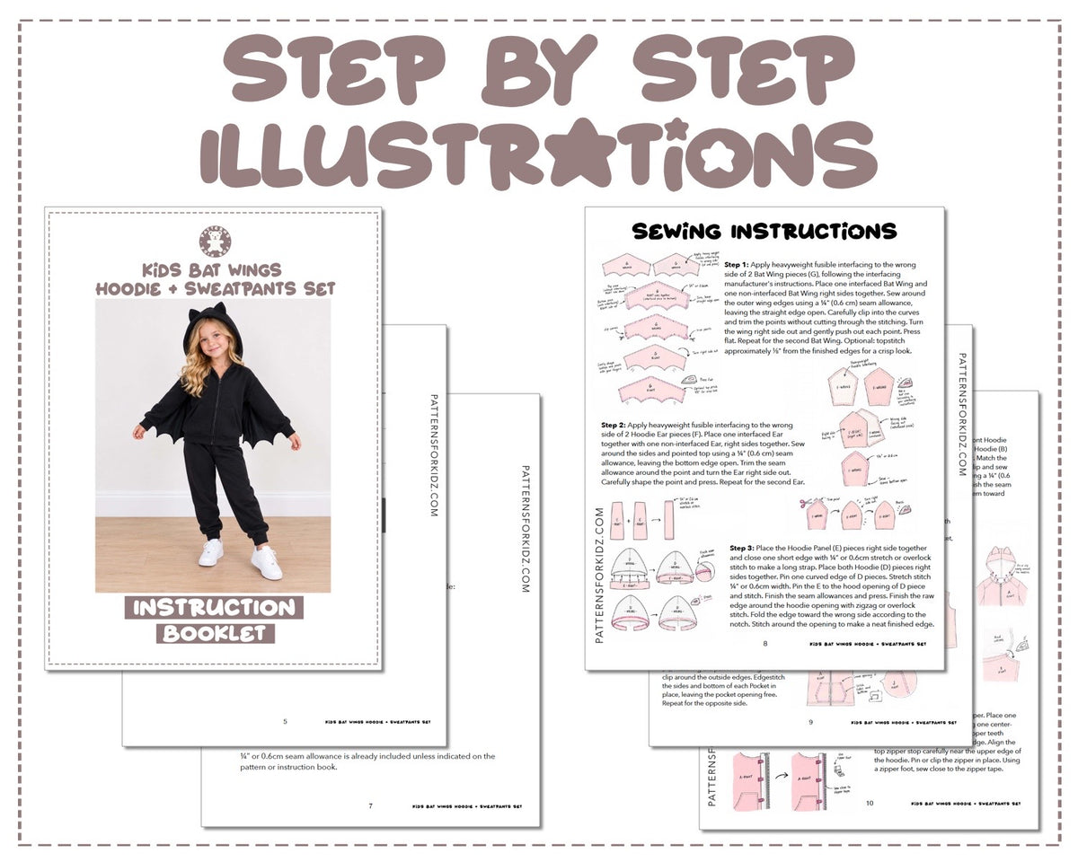 Kids Bat Wings Hoodie and Sweatpants Set sewing pattern instruction booklet showing step by step illustrations to make the garment.