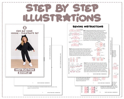 Kids Bat Wings Hoodie and Sweatpants Set sewing pattern instruction booklet showing step by step illustrations to make the garment.