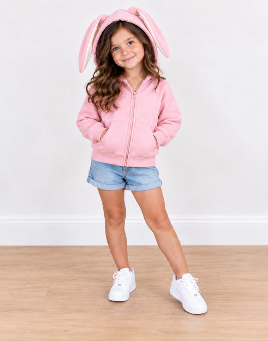 Young girl wearing a pink hoodie with bunny ears, light denim shorts and white shoes on a plain background. 