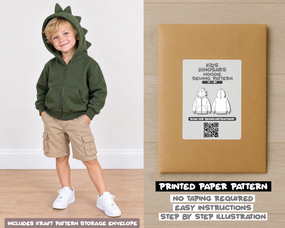 Kids Dinosaurs Zip Up Hoodie printed sewing pattern with easy instructions and step by step illustrations.
