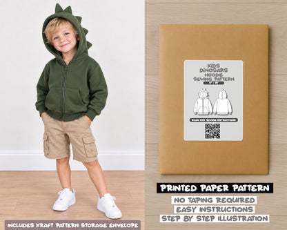 Kids Dinosaurs Zip Up Hoodie printed sewing pattern with easy instructions and step by step illustrations.