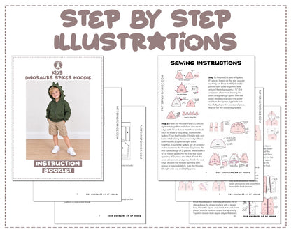 Kids Dinosaurs Zip Up Hoodie sewing pattern instruction booklet showing step by step illustrations to make the garment.