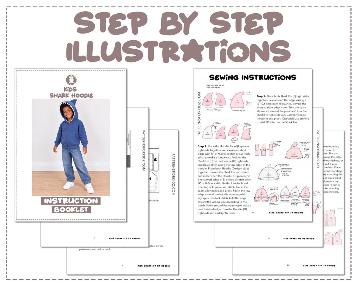 Kids Shark Zip Up Hoodie sewing pattern instruction booklet showing step by step illustrations to make the garment.