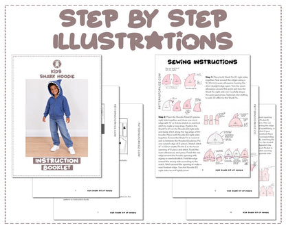 Kids Shark Zip Up Hoodie sewing pattern instruction booklet showing step by step illustrations to make the garment.