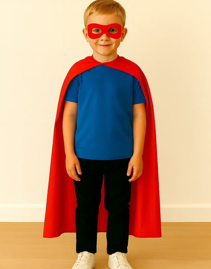 Kid wearing a red cape over a blue shirt, red mask and black pants on a beige background