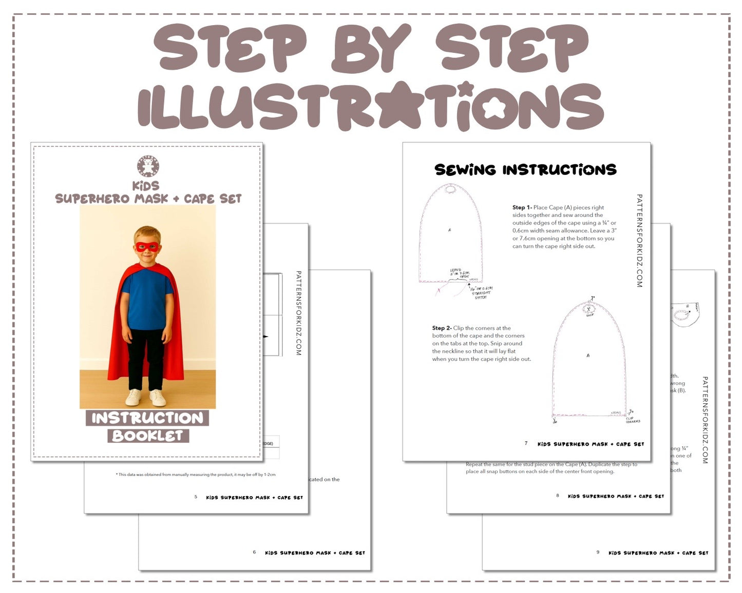 Kids Superhero Mask and Cape sewing pattern instruction booklet showing step by step illustrations to make the garment.
