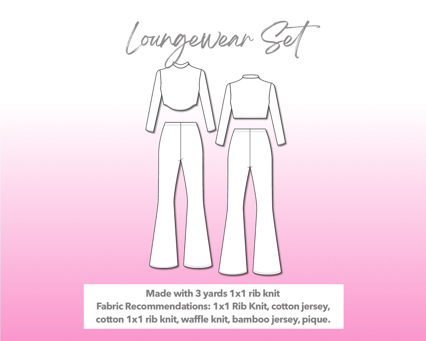Illustration and detailed description for Loungewear Turtleneck Crop Top and Flare Leg Pants Set sewing pattern.