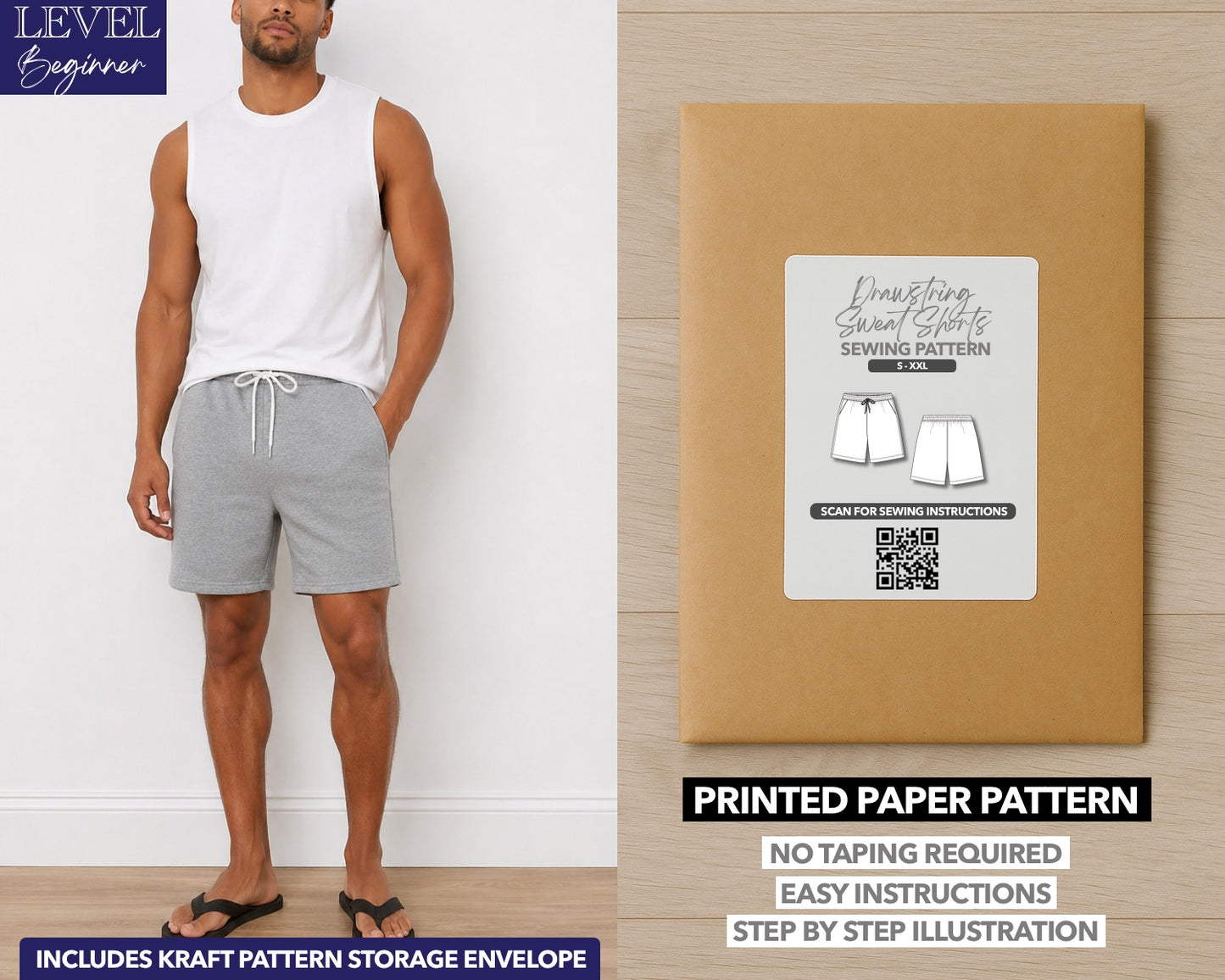 Mens Drawstring Sweat Shorts printed sewing pattern with easy instructions and step by step illustrations.