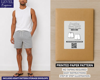Mens Drawstring Sweat Shorts printed sewing pattern with easy instructions and step by step illustrations.