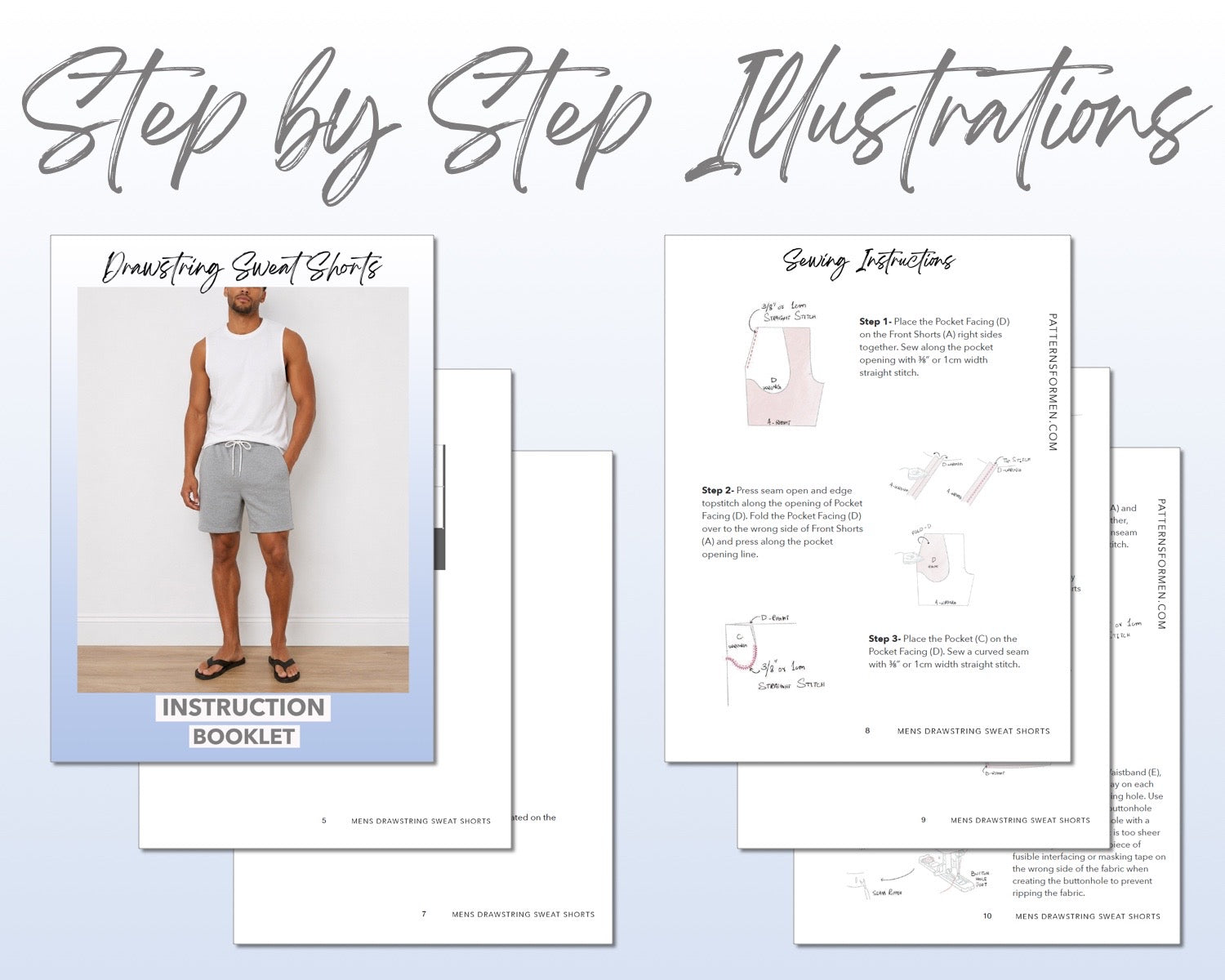 Mens Drawstring Sweat Shorts sewing pattern instruction booklet showing step by step illustrations to make the garment.
