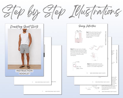 Mens Drawstring Sweat Shorts sewing pattern instruction booklet showing step by step illustrations to make the garment.
