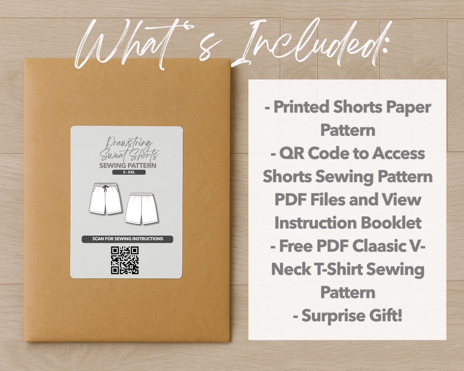What is included with the printed Mens Drawstring Sweat Shorts paper sewing pattern