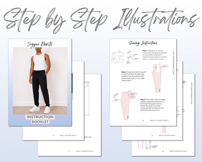 Mens Jogger sewing pattern instruction booklet showing step by step illustrations to make the garment.