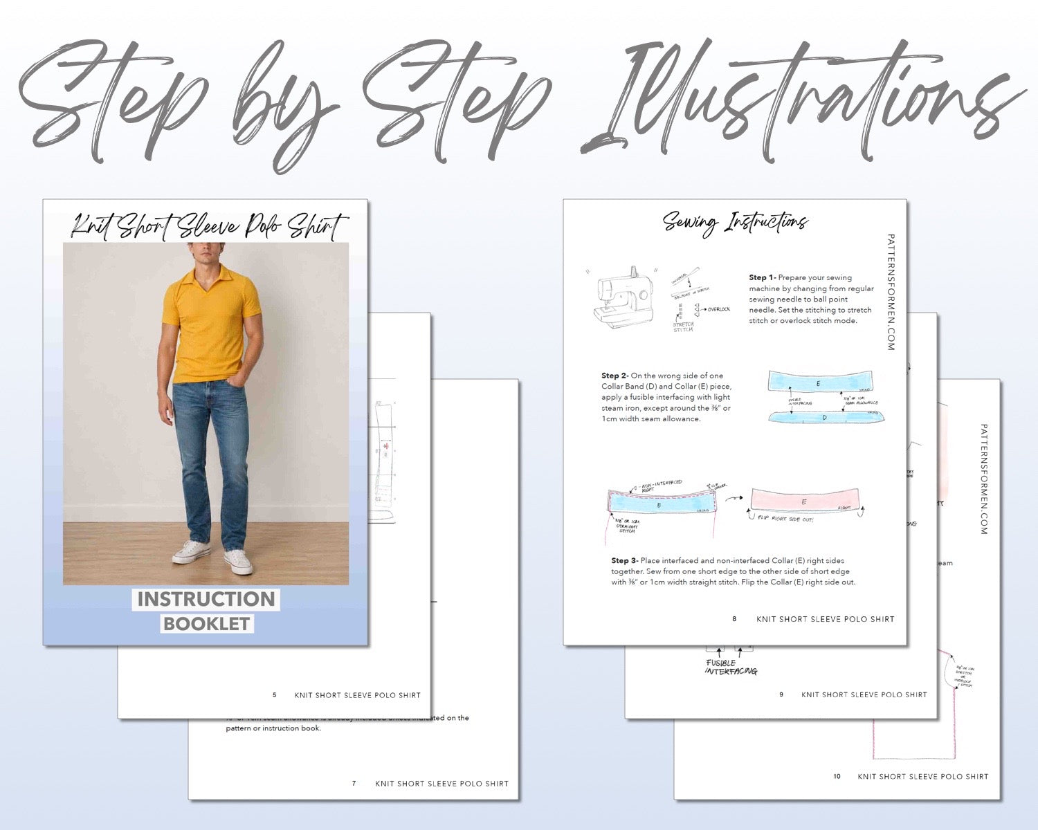 Knit Short Sleeve Polo Shirt sewing pattern instruction booklet showing step by step illustrations to make the garment.