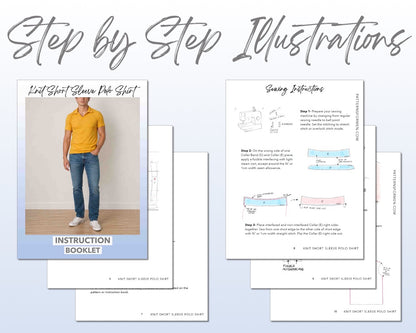 Knit Short Sleeve Polo Shirt sewing pattern instruction booklet showing step by step illustrations to make the garment.