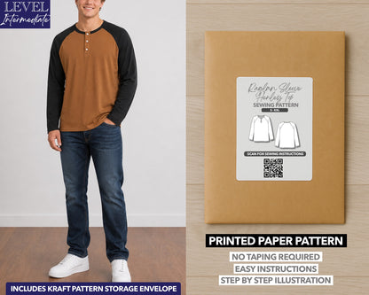 Mens Raglan Long Sleeve Henley Top printed sewing pattern with easy instructions and step by step illustrations.