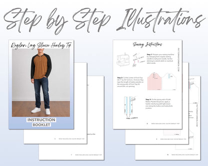 Mens Raglan Long Sleeve Henley Top sewing pattern instruction booklet showing step by step illustrations to make the garment.