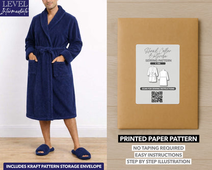 Mens Shawl Collar Bathrobe printed sewing pattern with easy instructions and step by step illustrations.