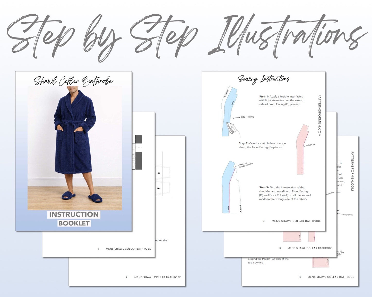 Mens Shawl Collar Bathrobe sewing pattern instruction booklet showing step by step illustrations to make the garment.