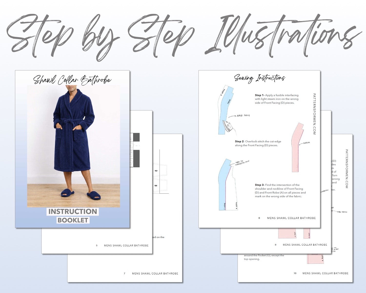 Mens Shawl Collar Bathrobe sewing pattern instruction booklet showing step by step illustrations to make the garment.